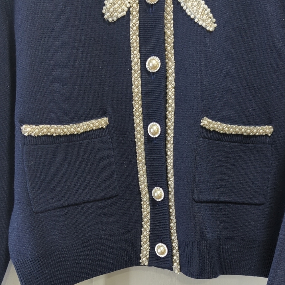 Navy Blue Cardigan and Slip Skirt Set with White Beaded Trim Details Size Medium - Picture 4 of 11